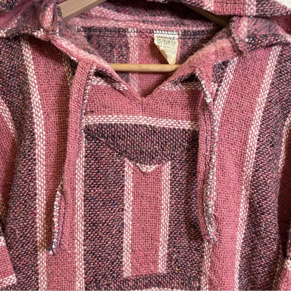 Boho Blanket Poncho Womens Medium Pink Mexico Pullover‎ Hoodie Grunge Surfer Top - Picture 5 of 10